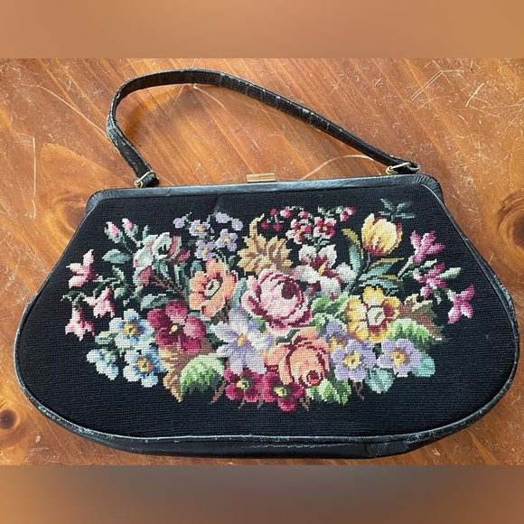 Handbags - Vintage Granny Chic 1950 black petit point needlepoint  floral tapestry tote bag